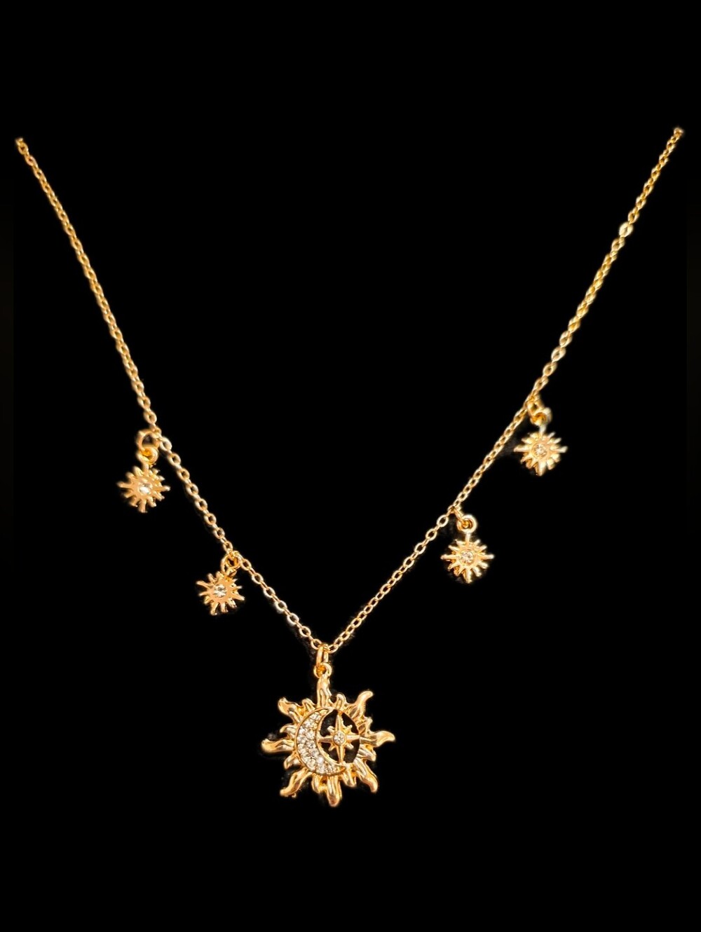 Sun & Crescent Moon Pendant Necklace w/Star Charms